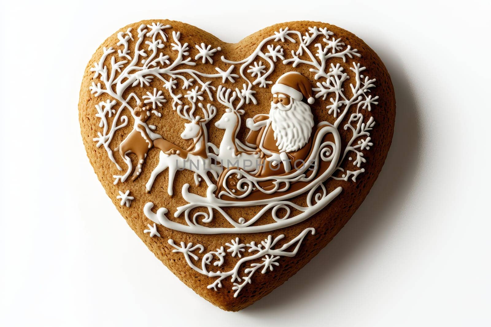 A delicious gingerbread heartshaped cookie beautifully decorated with a charming Santa and a festive sleigh design