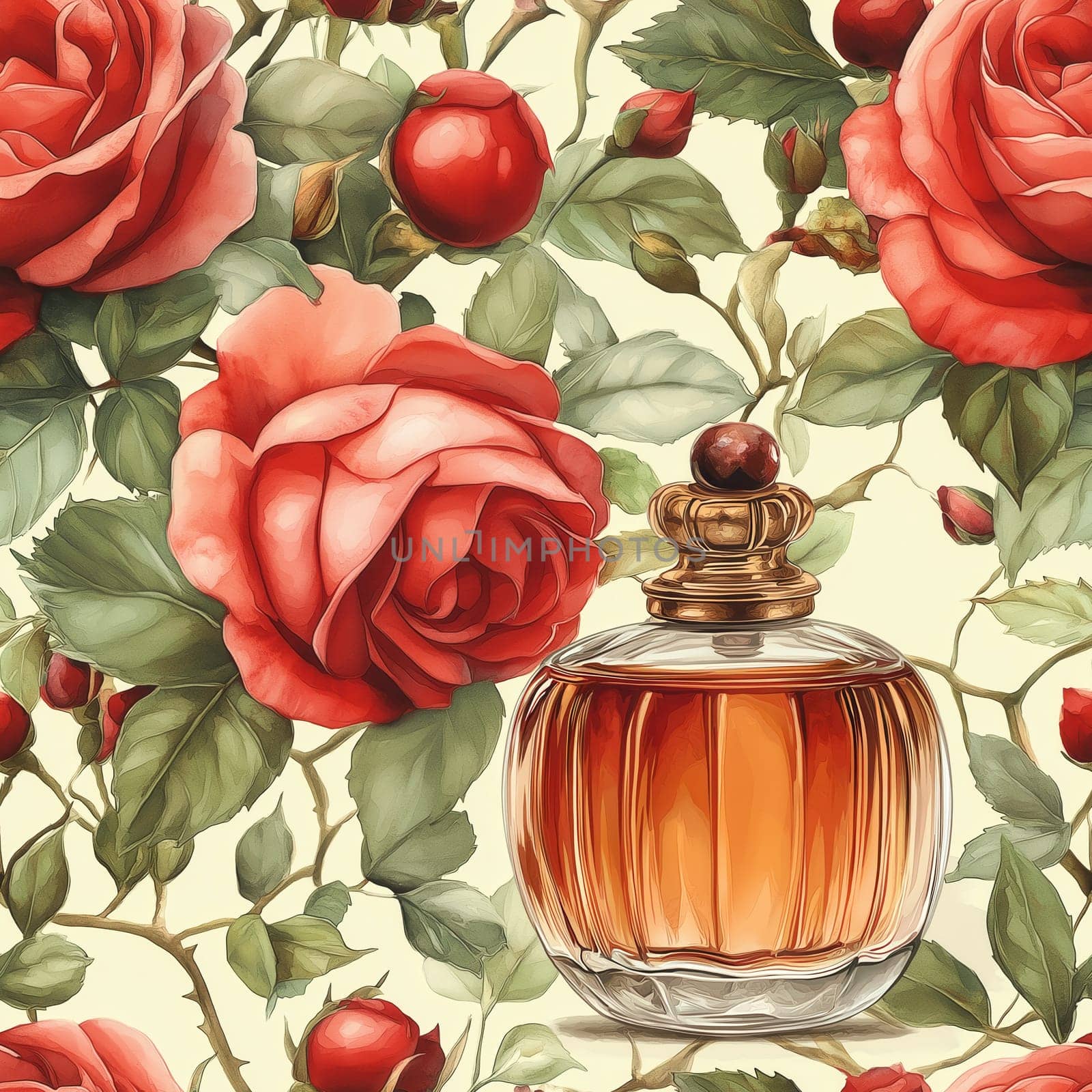 Seamless pattern, illustration of perfume bottle and flowers. Selective focus.