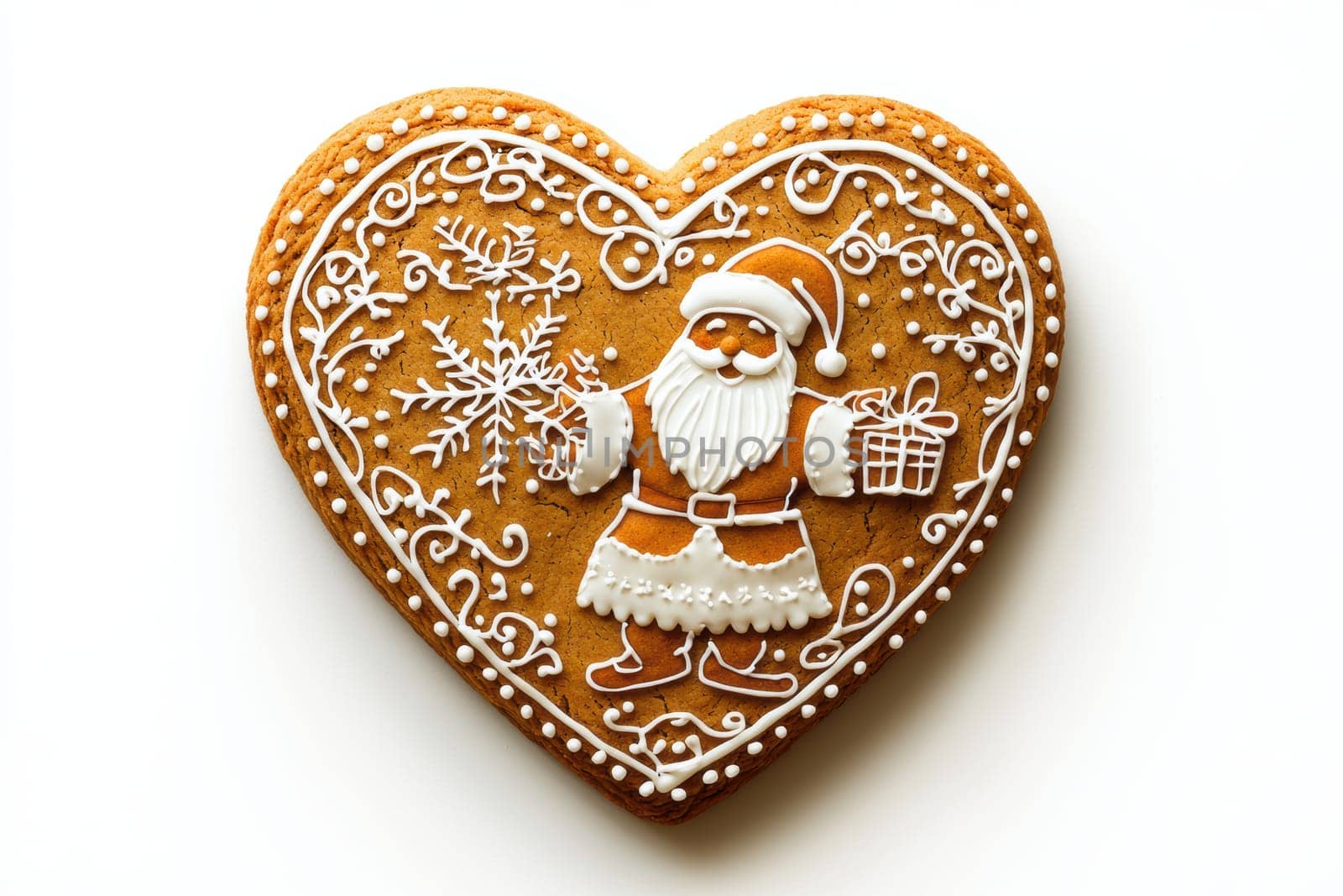 This delightful gingerbread heart, beautifully decorated with Santa Claus, is perfect for holiday celebrations and joy