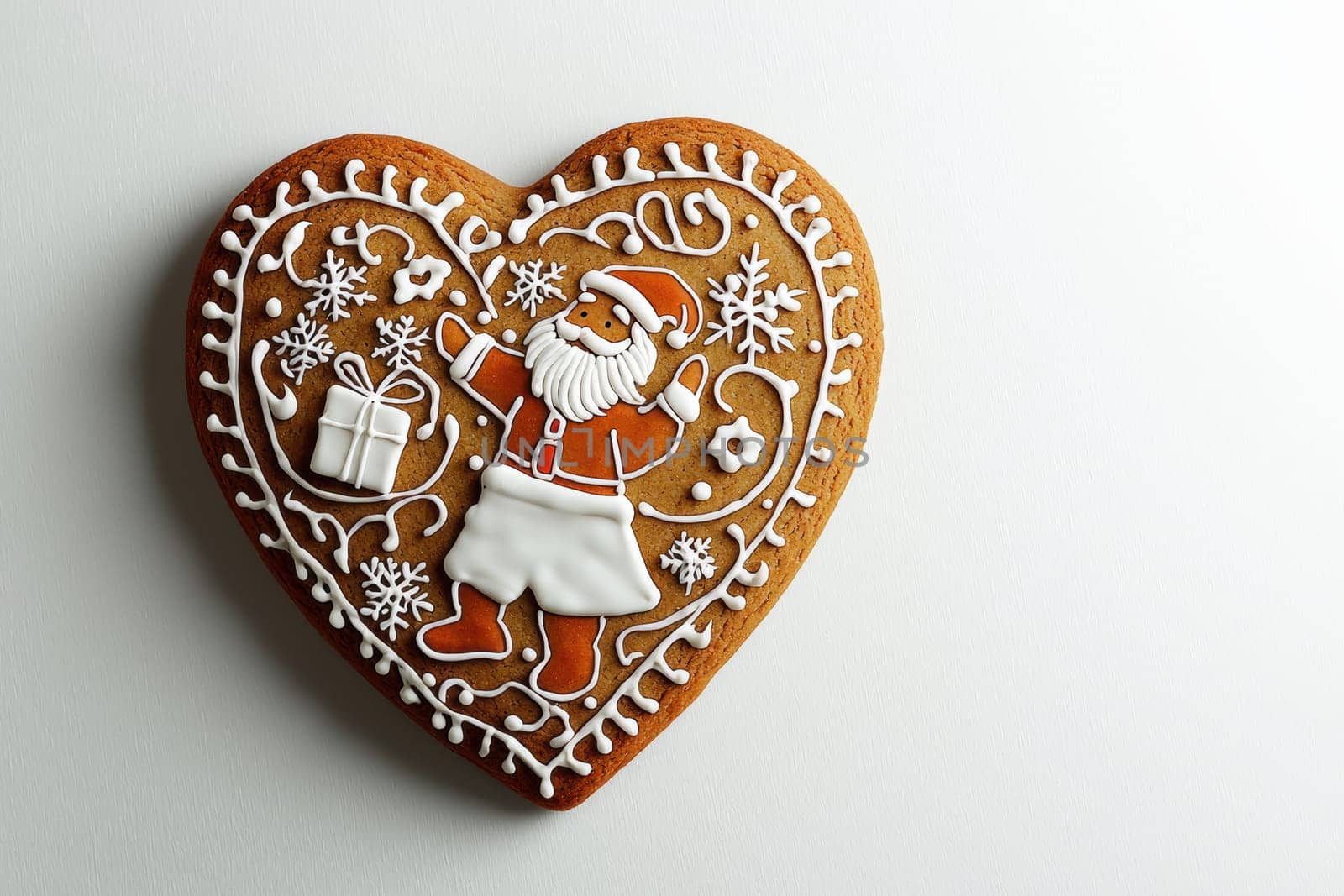 A delicious gingerbread cookie, beautifully decorated with a festive Santa design and intricate patterns all around