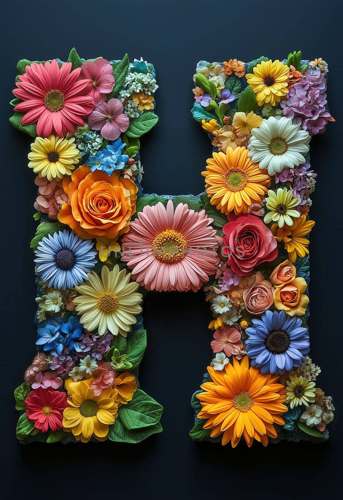 Letter H made of colorful flowers on a dark background. Selective focus.
