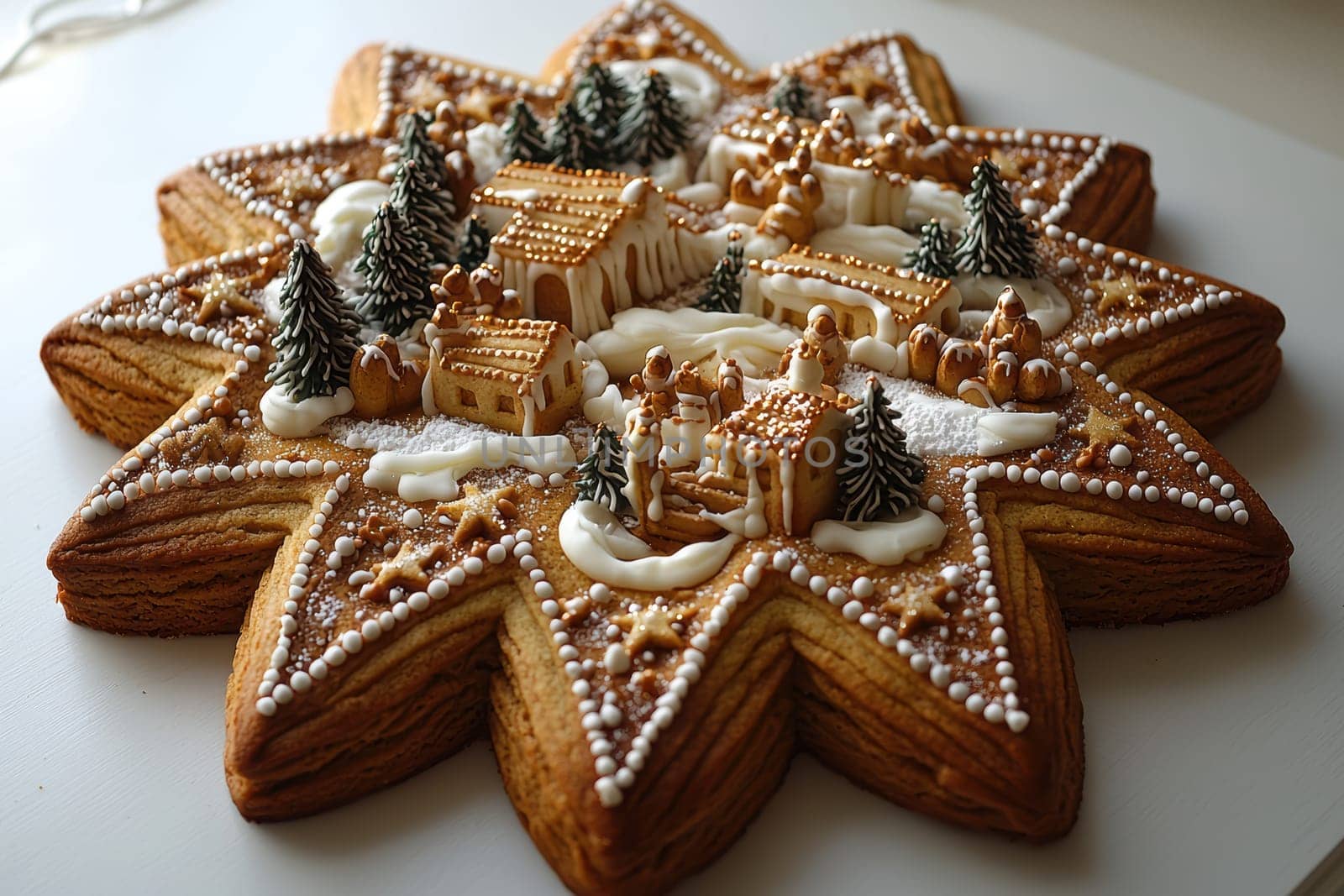 A beautiful starshaped cake with an intricate winter village design, ideal for festive holiday celebrations