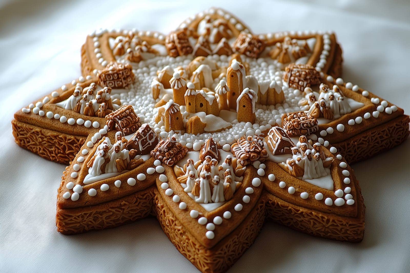 A beautifully crafted gingerbread cookie showcases a charming village scene adorned with intricate designs and details