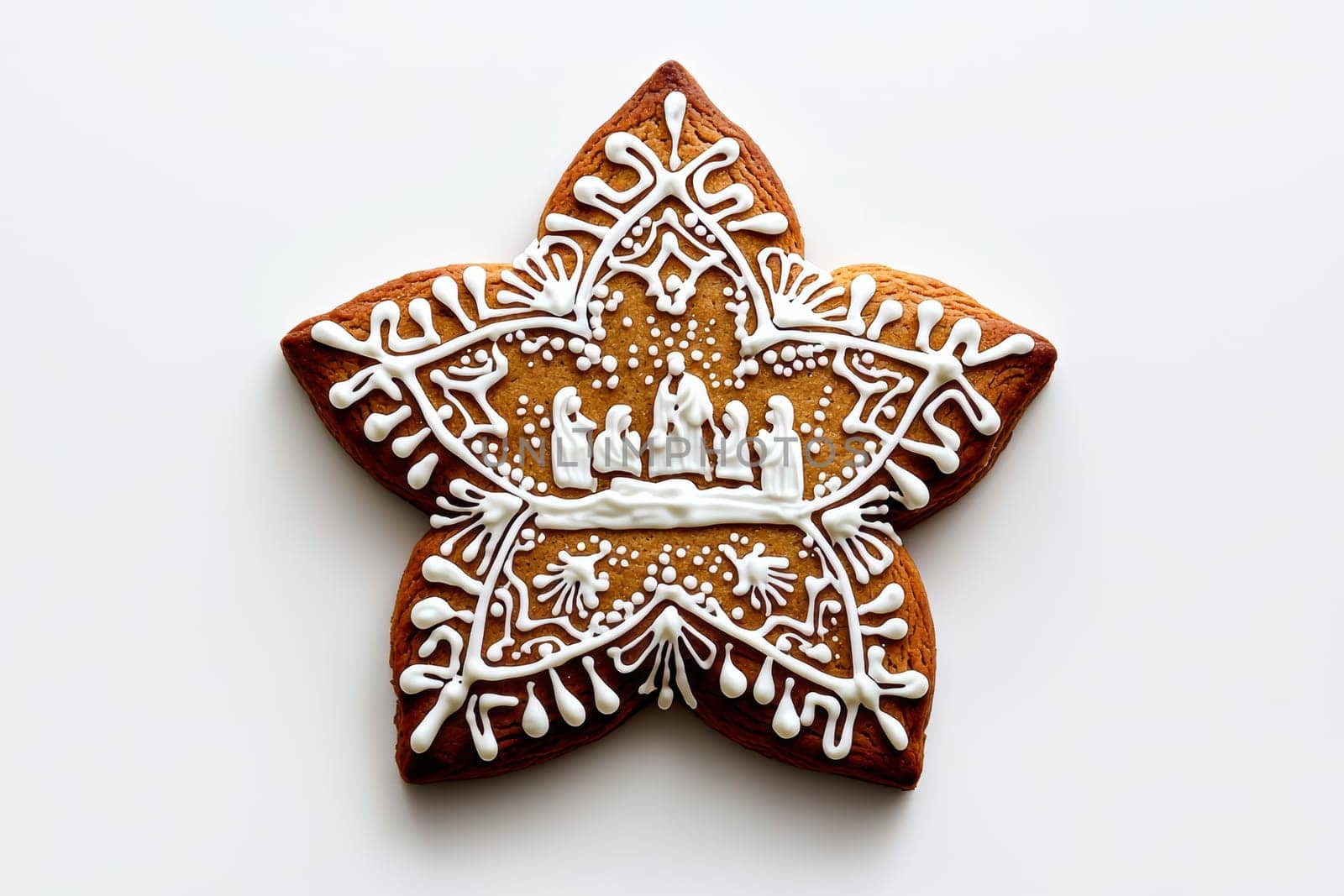 This is a beautifully designed starshaped gingerbread cookie featuring intricate icing decoration all over it