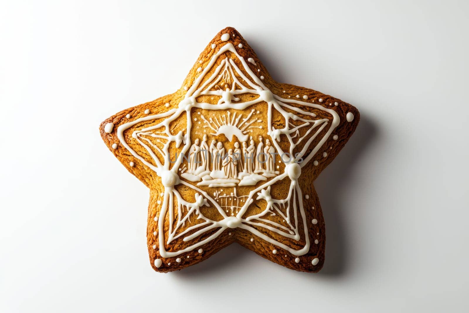 Delicious star-shaped gingerbread cookie featuring festive icing design, perfect for holiday treats.