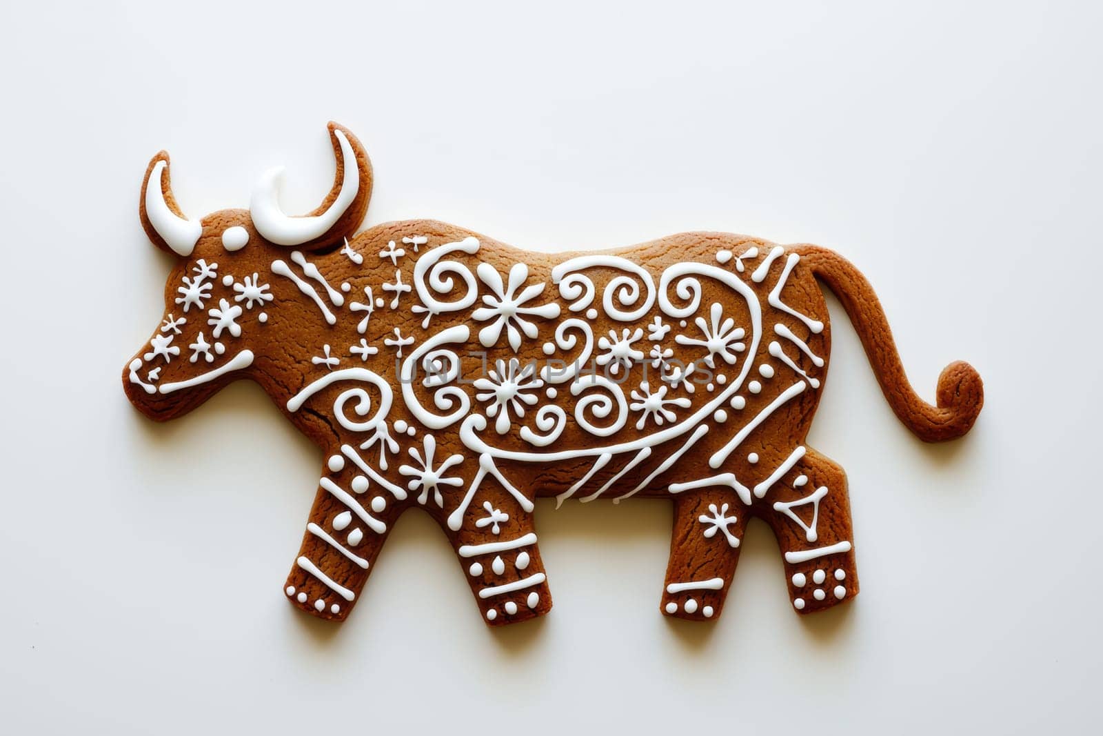 Beautifully designed gingerbread cookie shaped like a cow, perfect for celebrations and festivities.