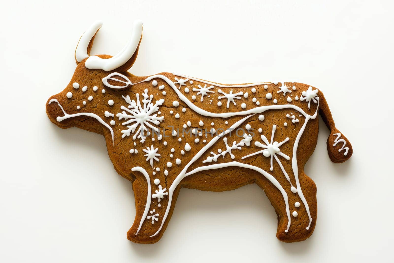 A charmingly decorated gingerbread cookie shaped like a cow, exquisitely adorned with delightful icing patterns
