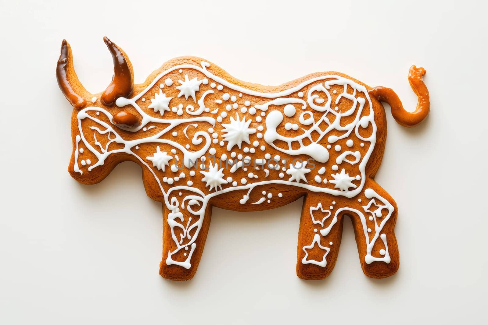 An intricately designed gingerbread cow cookie that is beautifully decorated with colorful icing and unique patterns