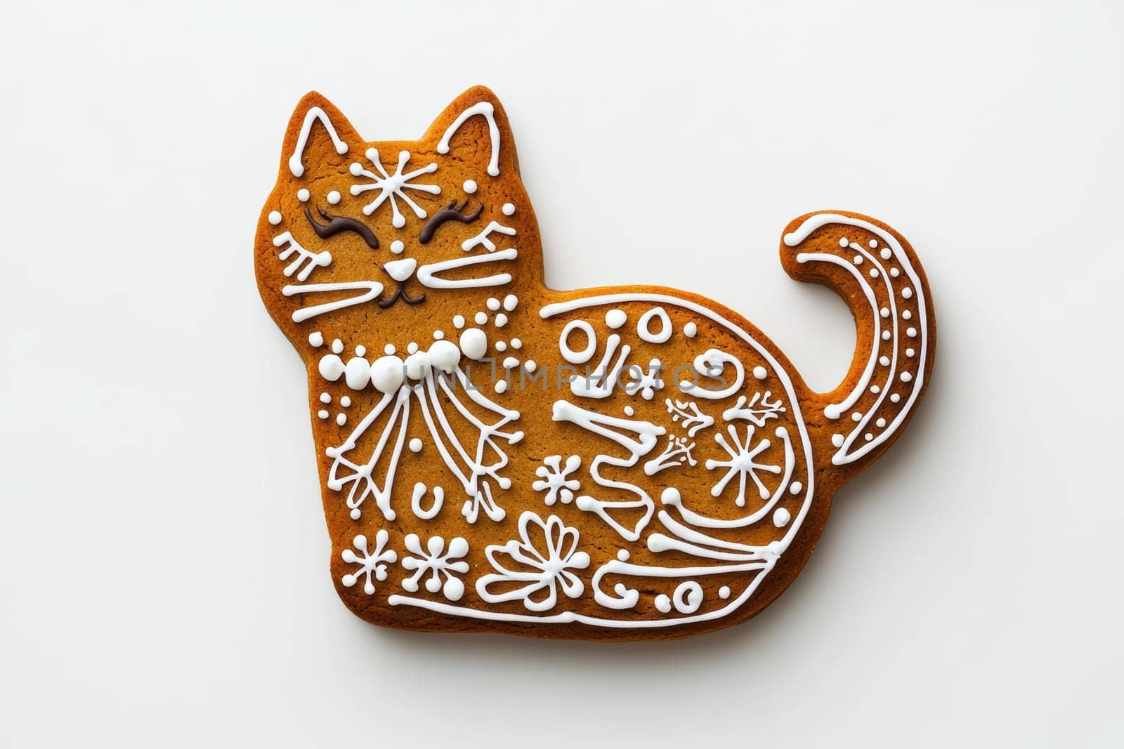 A beautifully decorated catshaped gingerbread cookie featuring intricate and colorful icing designs that delight