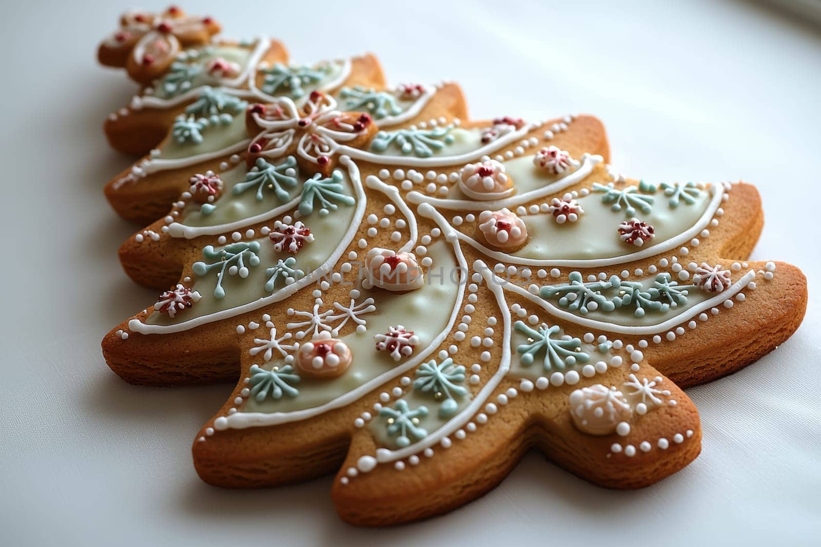 This is a beautifully iced gingerbread cookie shaped like a Christmas tree, perfect for the holiday season
