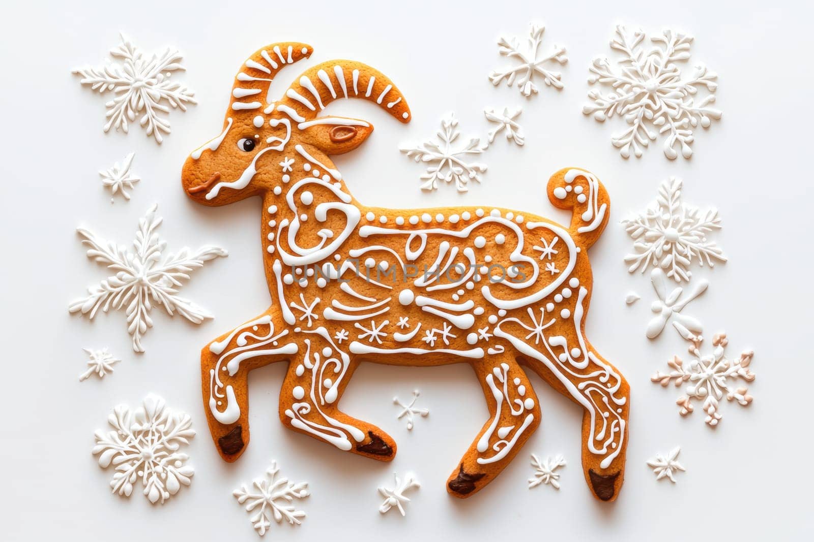 A stunningly decorated gingerbread goat that is elegantly displayed amidst whimsical, festive snowflakes