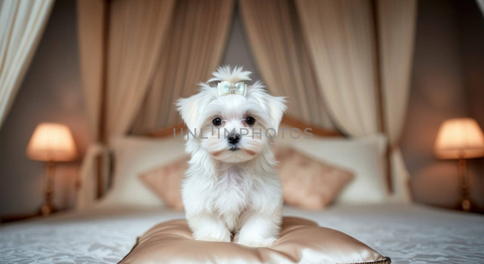 A cute maltese puppy with a small bow sits on a decorative satin pillow in an elegantly decorated bedroom. soft ambient lighting and neutral tones enhance the luxurious and cozy atmosphere.