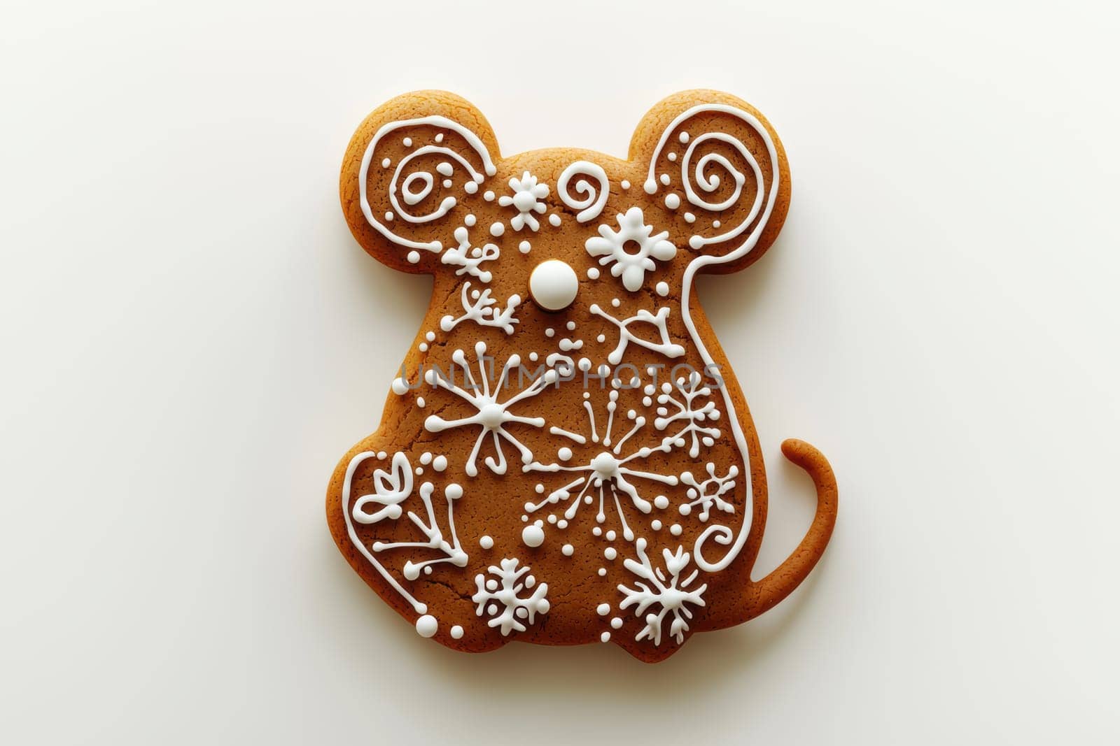 A delightful and cute gingerbread mouse cookie, beautifully decorated with colorful icing and charming snowflakes