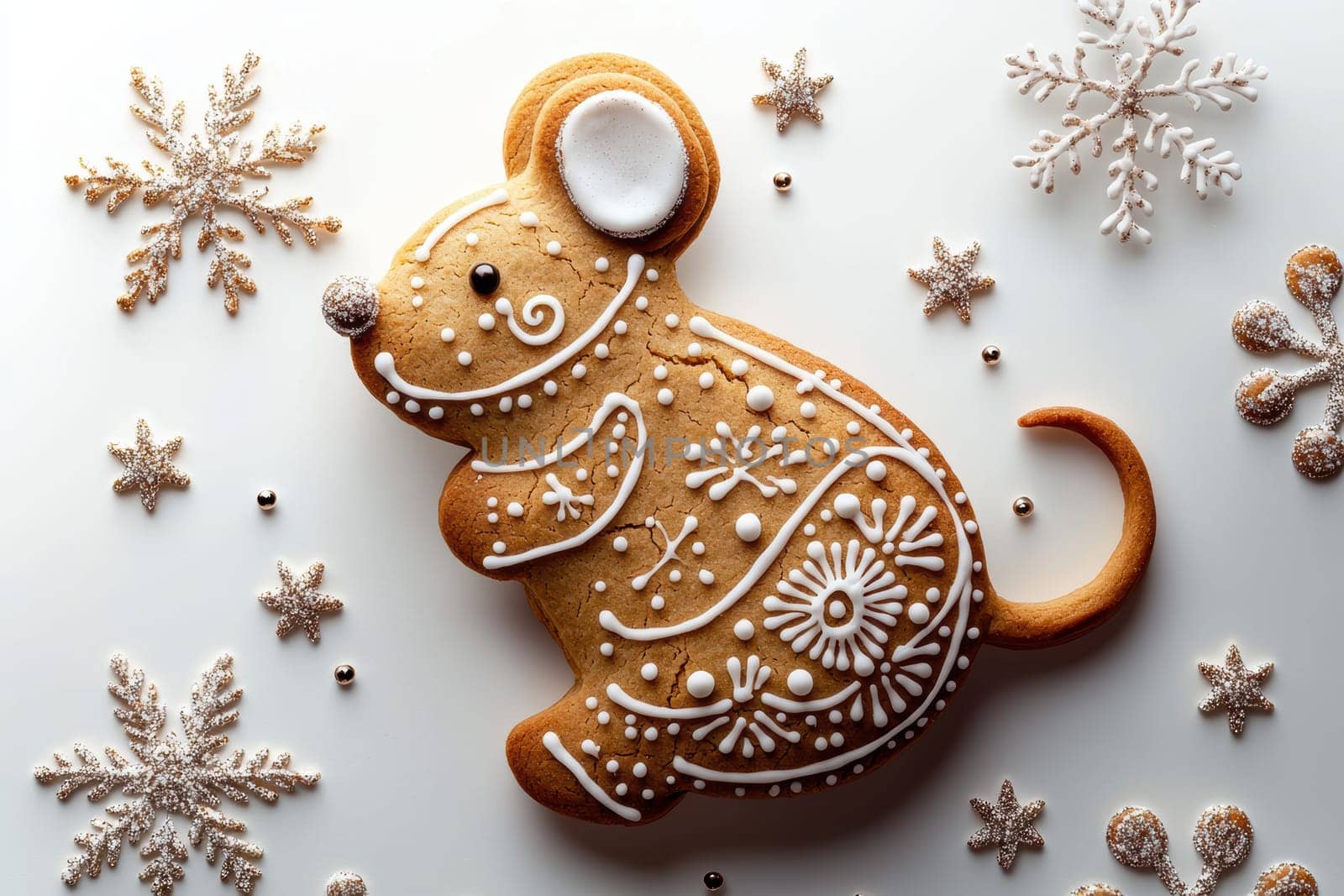 A charming gingerbread mouse adorned with colorful icing and surrounded by lovely decorative snowflakes