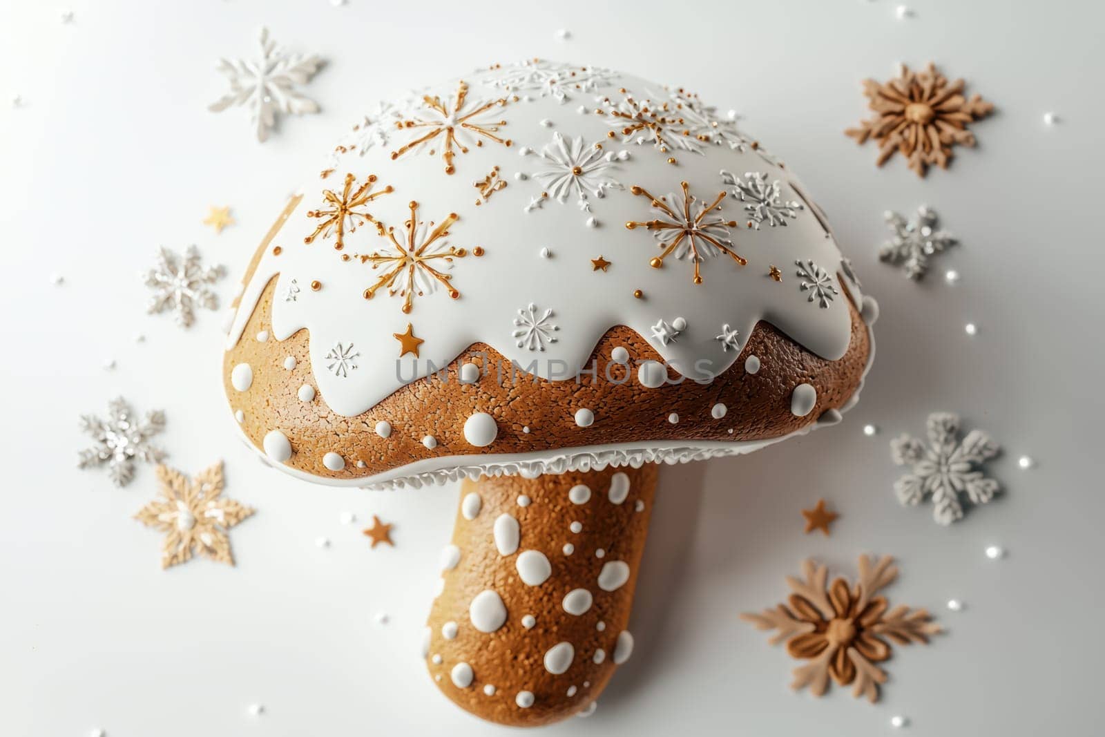 A beautifully decorated gingerbread mushroom with snowflakes, ideal for memorable winter celebrations