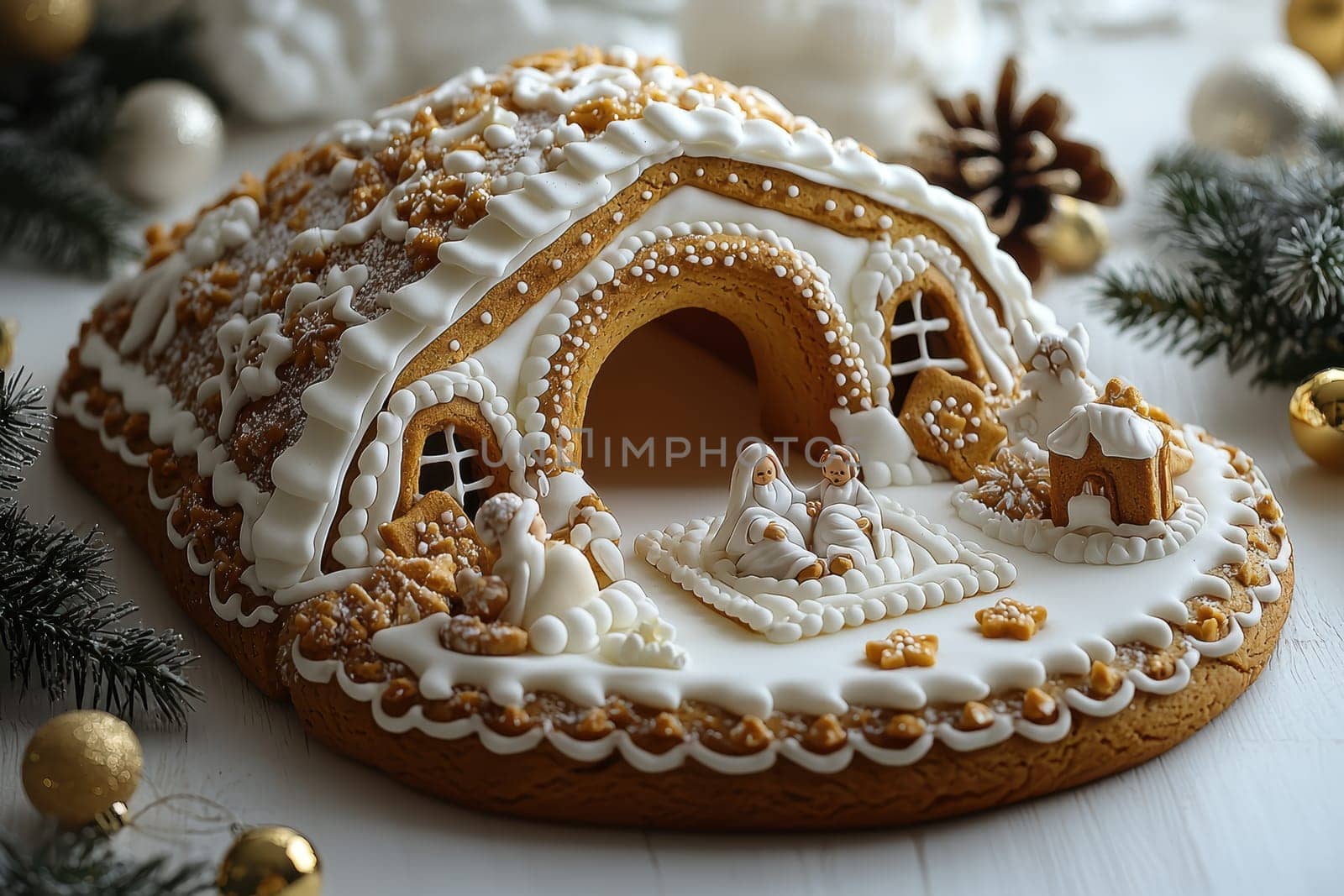This beautiful gingerbread house is adorned lavishly with icing and is perfect for all holiday celebrations