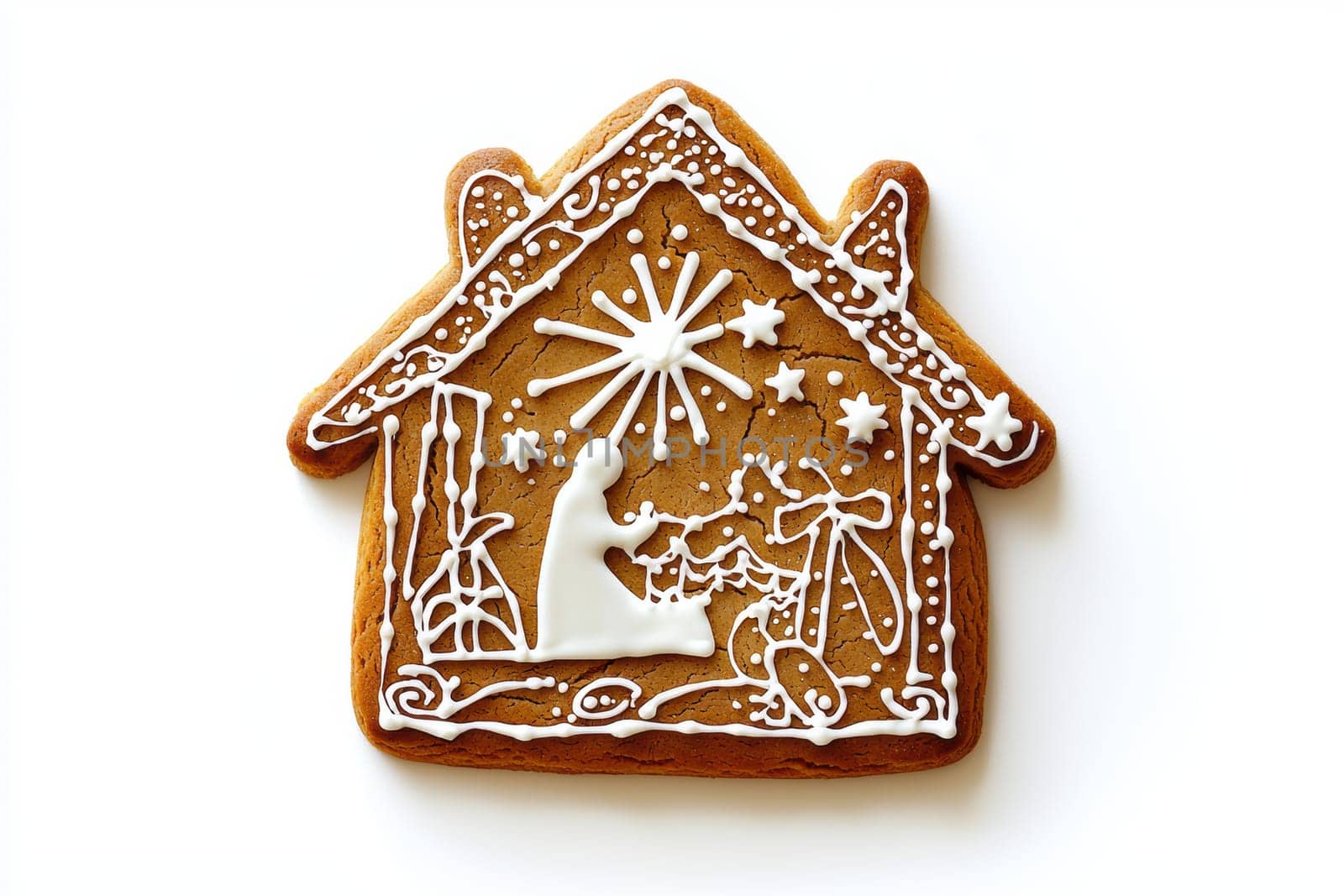 This gingerbread house, decorated with icing and a nativity scene, is perfect for holiday celebrations