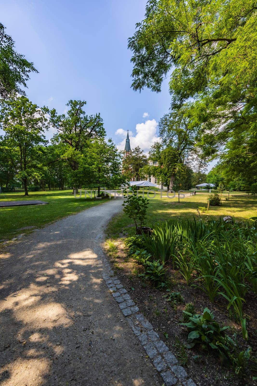 Long curvy path in beautiful green park with tower of building at sunny morning with blue sky and few white clouds by Wierzchu