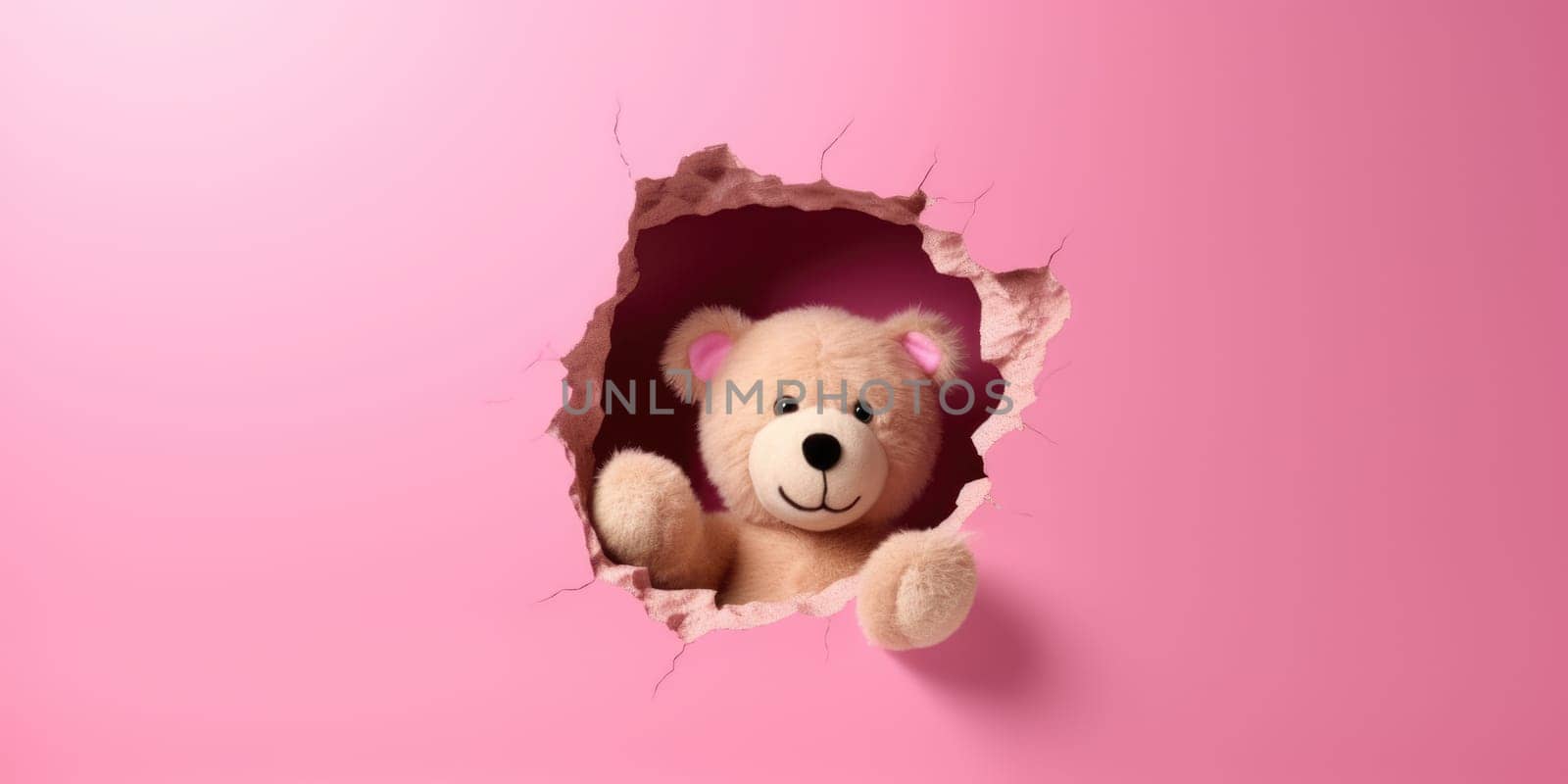 Cute Teddy Bear peeking out of a hole in wall, torn hole, empty copy space frame, mockup. Generative AI image weber.