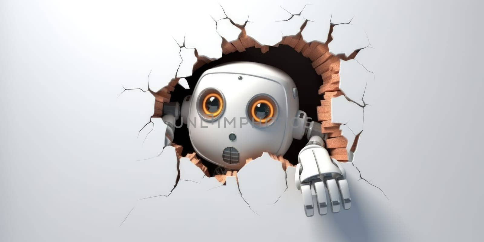 Cute robot toy peeking out of a hole in wall, torn hole, empty copy space frame, mockup. Generative AI image weber.