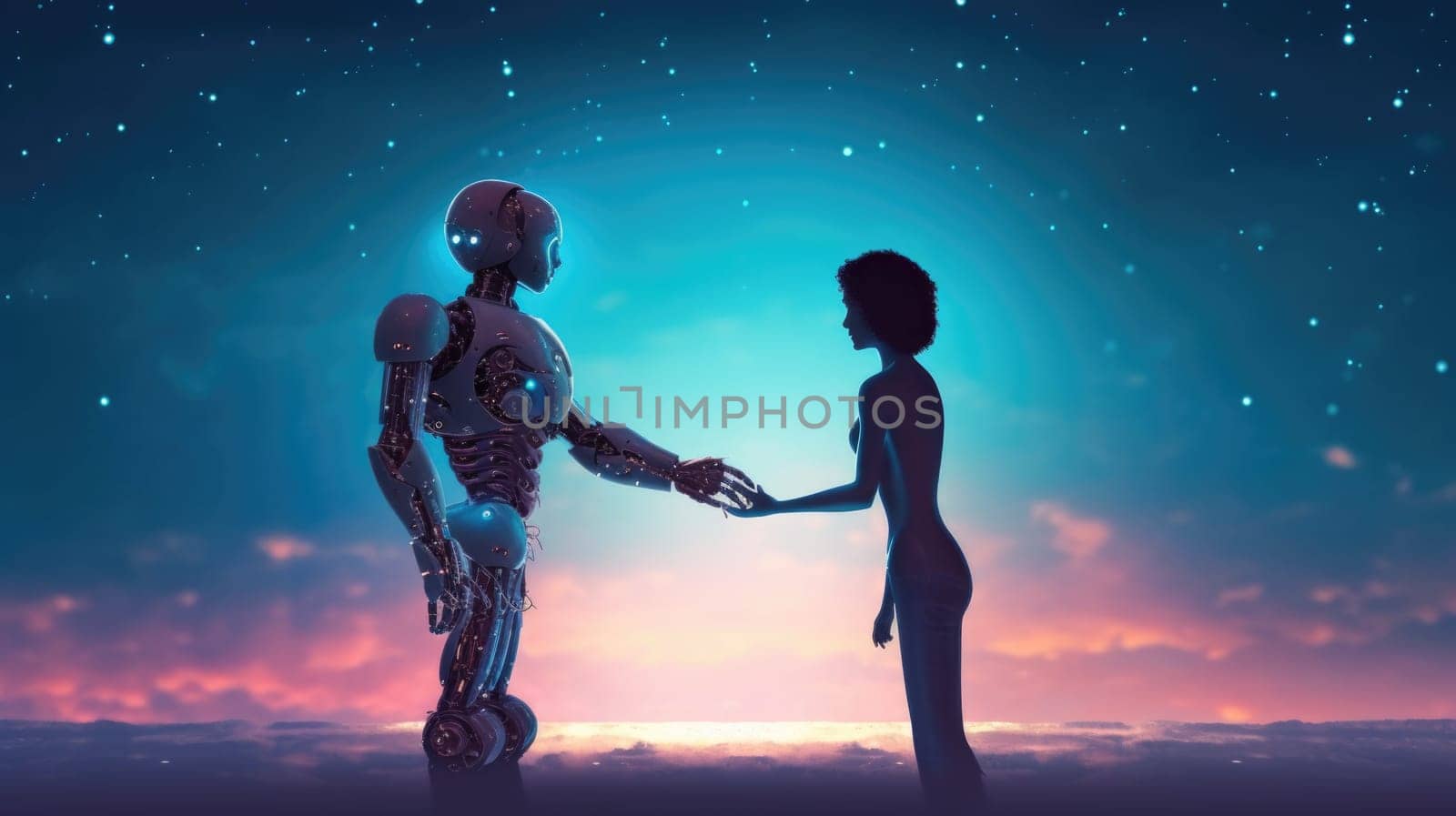 Couple of man and robot girl holding each other's hands on space sky background, imagination of love passion fantasy between human and AI. Generative AI image weber.