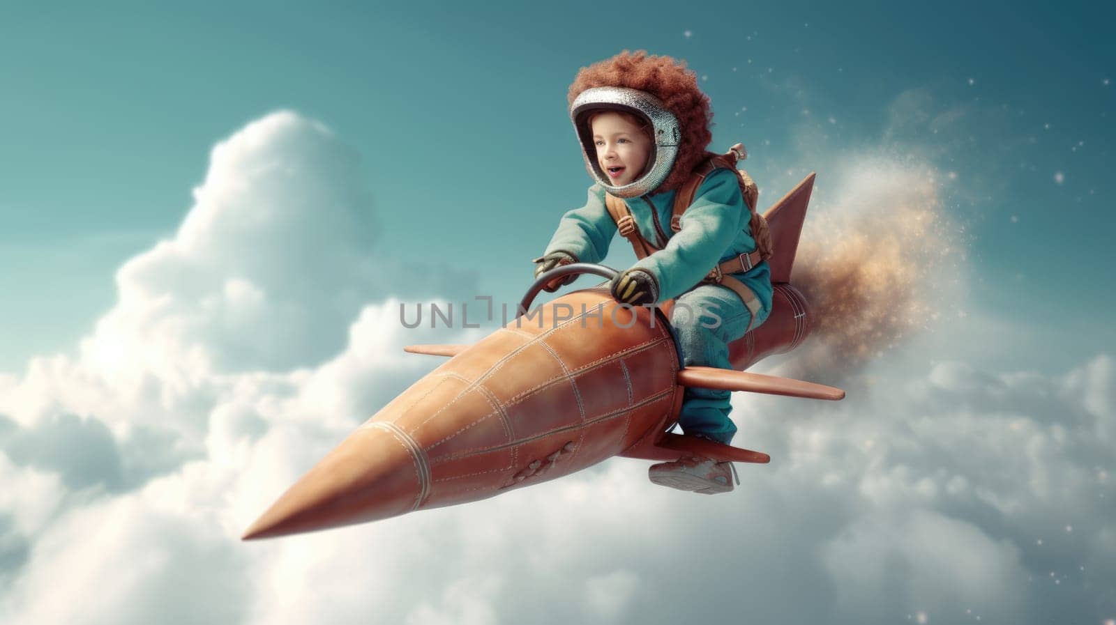 A boy, excited, flying the rocket above clouds in the sky. Generative AI image weber.