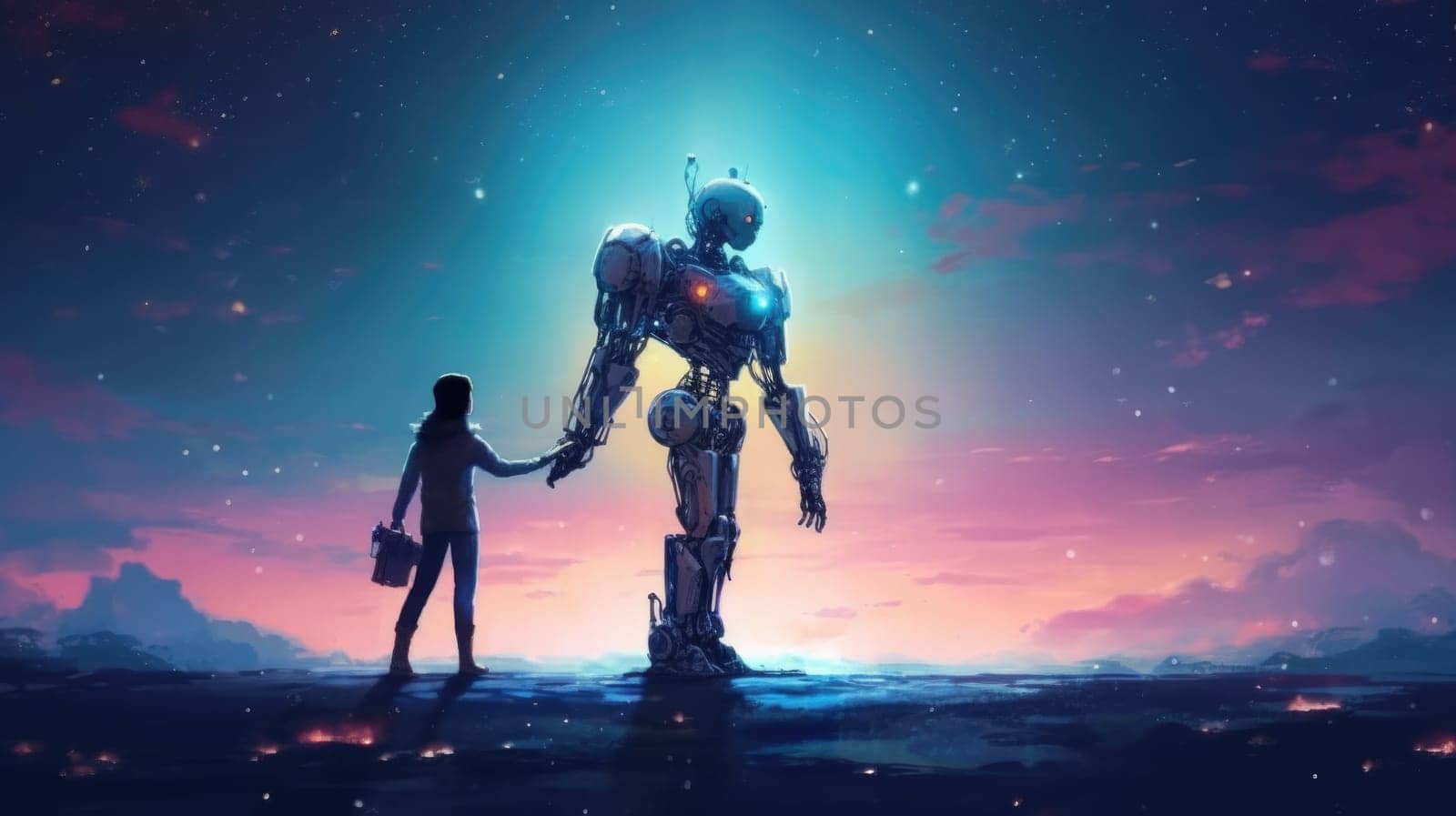 Couple of man and robot girl holding each other's hands on space sky background, imagination of love passion fantasy between human and AI. Generative AI image weber.