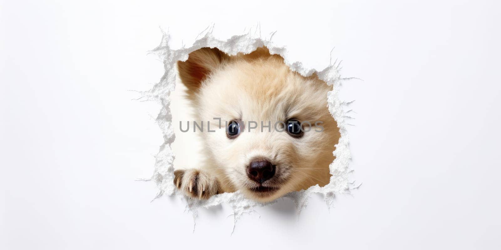 Cute Bear peeking out of a hole in wall, torn hole, empty copy space frame, mockup. Generative AI image weber.