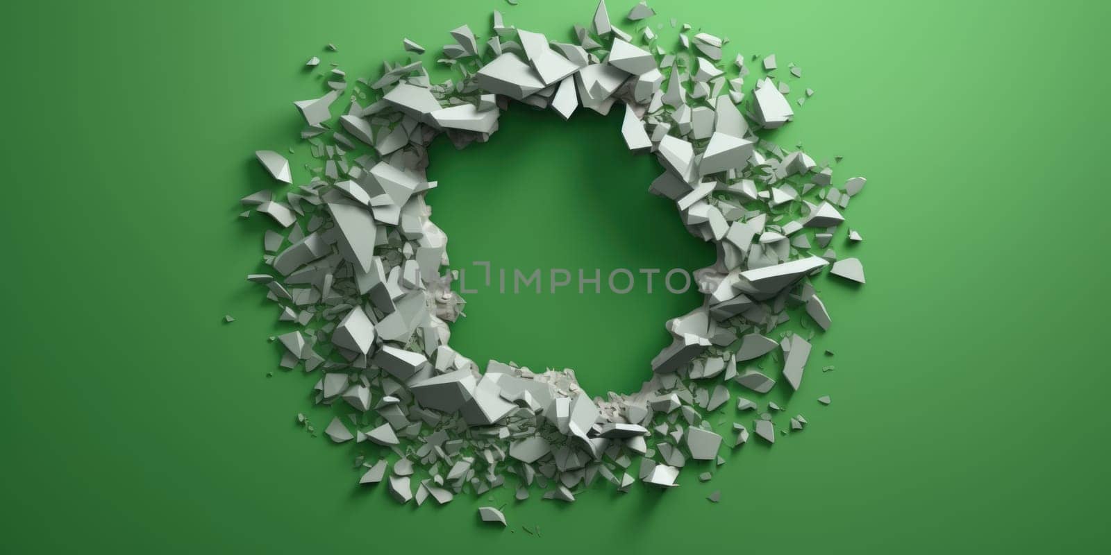 Breaking out of a hole in solid Green wall, torn hole, empty copy space frame, mockup. Generative AI image weber.