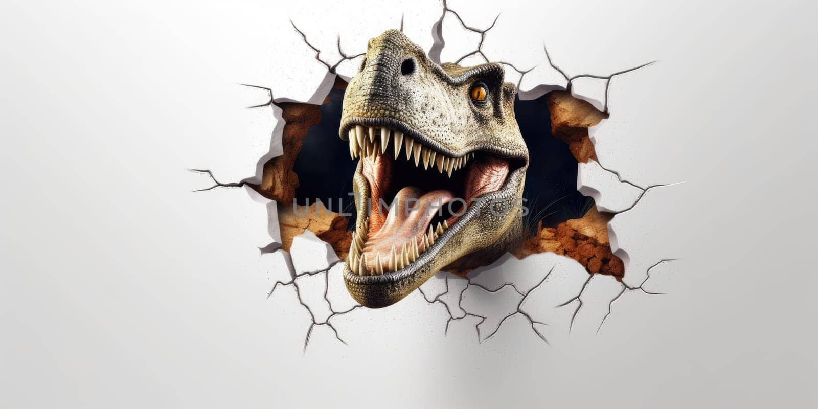 Cute T-Rex peeking out of a hole in wall, torn hole, empty copy space frame, mockup. Generative AI image weber.