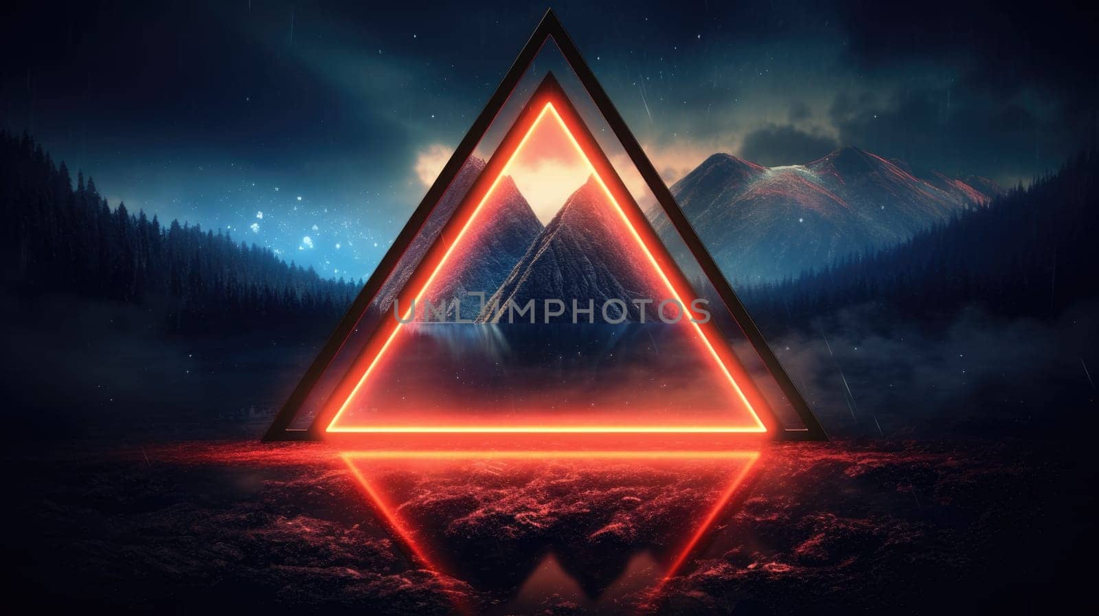 Glowing neon triangle frame over abstract landscape. Generative AI weber. by biancoblue