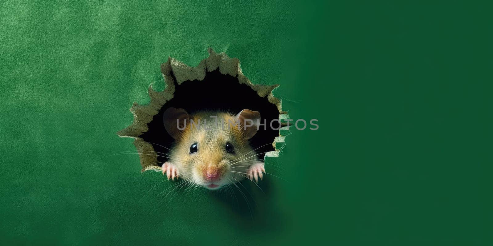 Cute Hamster peeking out of a hole in wall, torn hole, empty copy space frame, mockup. Generative AI image weber.