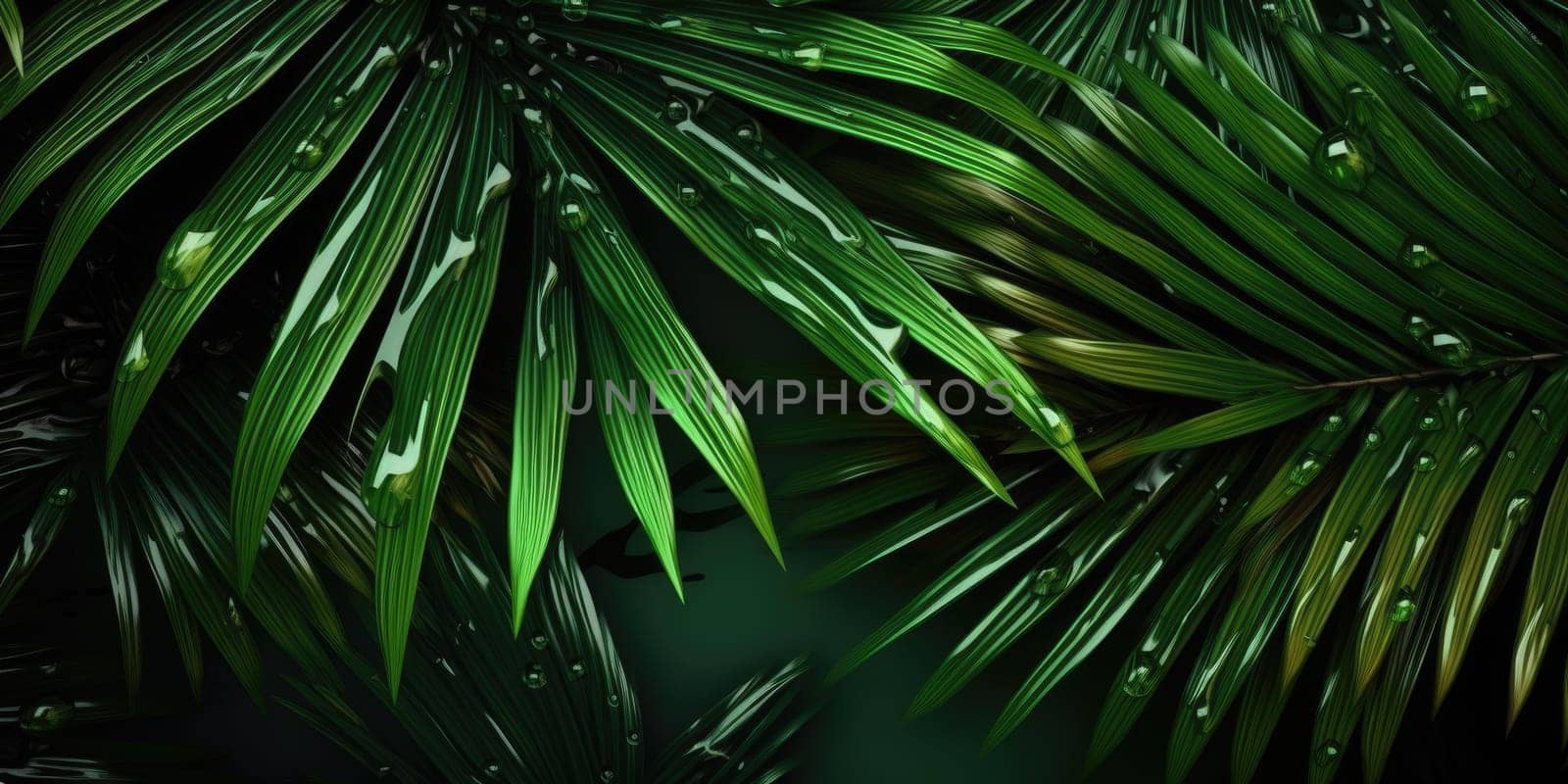 Dark Green palm leaves and droplet Water dramatic photo effect background, realism, realistic, hyper realistic. Generative AI weber. by biancoblue