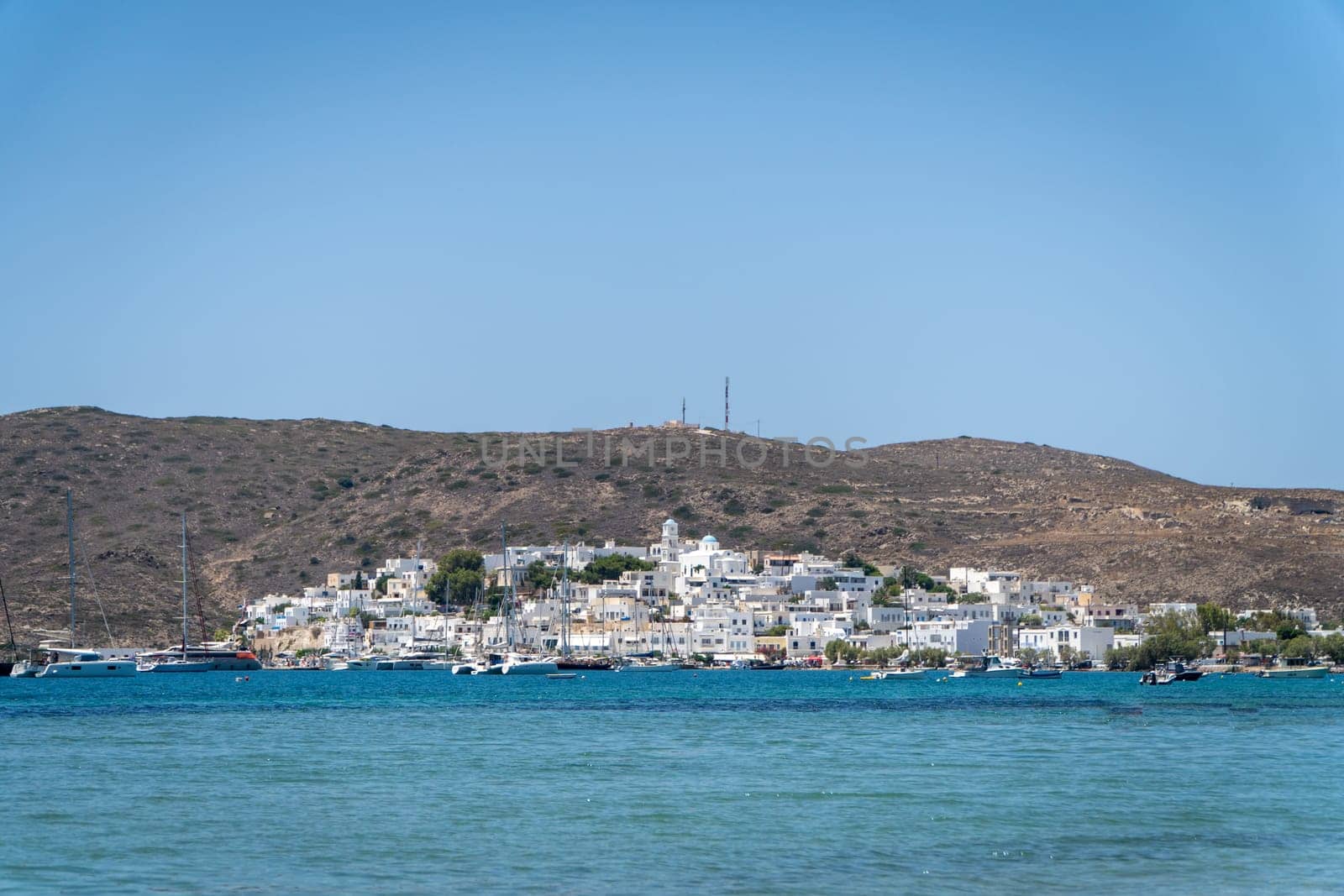 Panoramic view of Adamantas Fenerbahce, Milos, from Papikinou beach