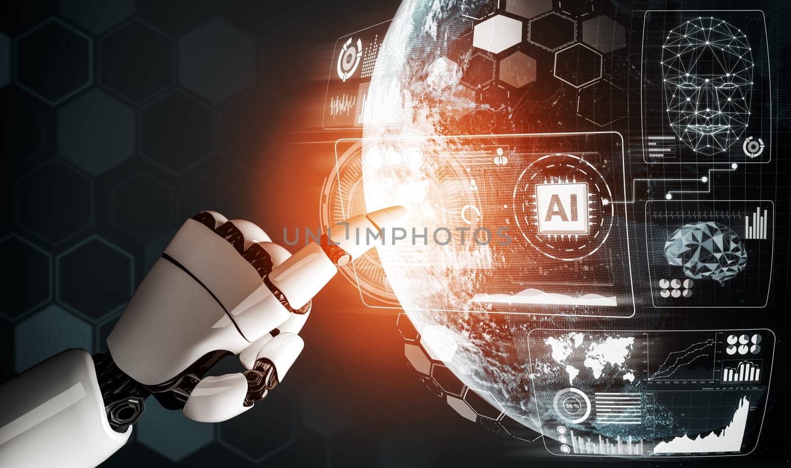 3D Rendering Futuristic robot technology development, artificial intelligence AI, and machine learning concept. Global robotic bionic science research for future human life. 3D illustration