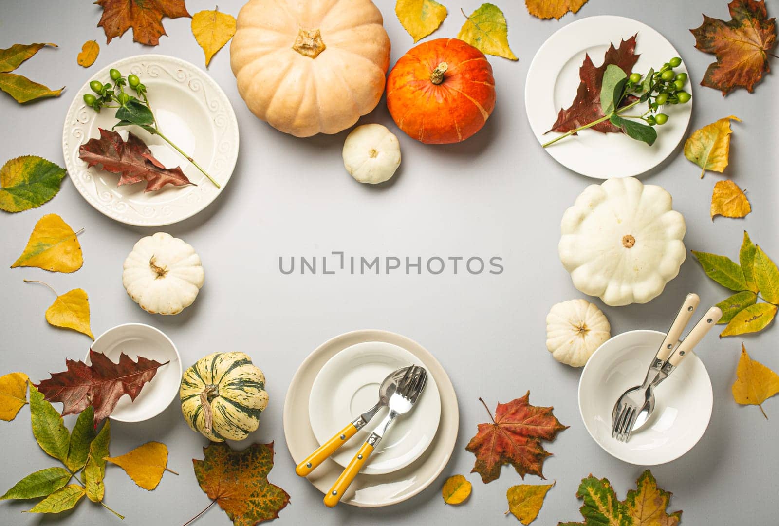 Thanksgiving festive table composition with different colourful pumpkins, autumn leaves, empty plates with cutlery on light grey background table ready for party and celebration. Space for text..