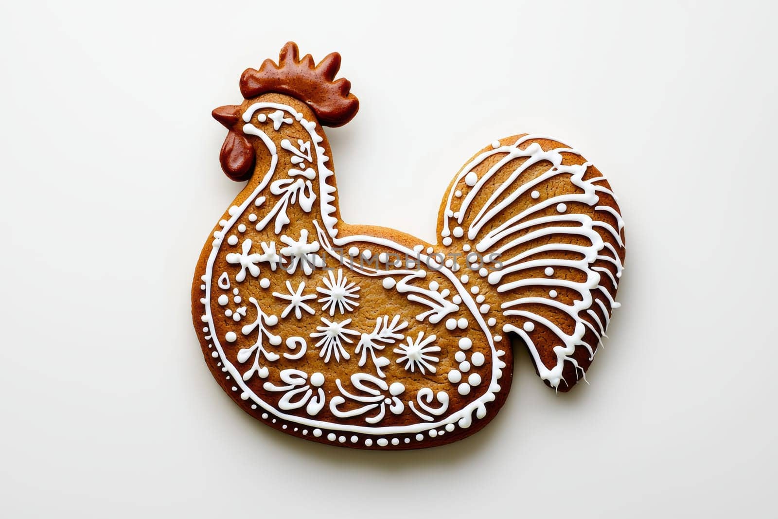 An exquisitely decorated gingerbread cookie that resembles a rooster, featuring intricate and colorful icing patterns