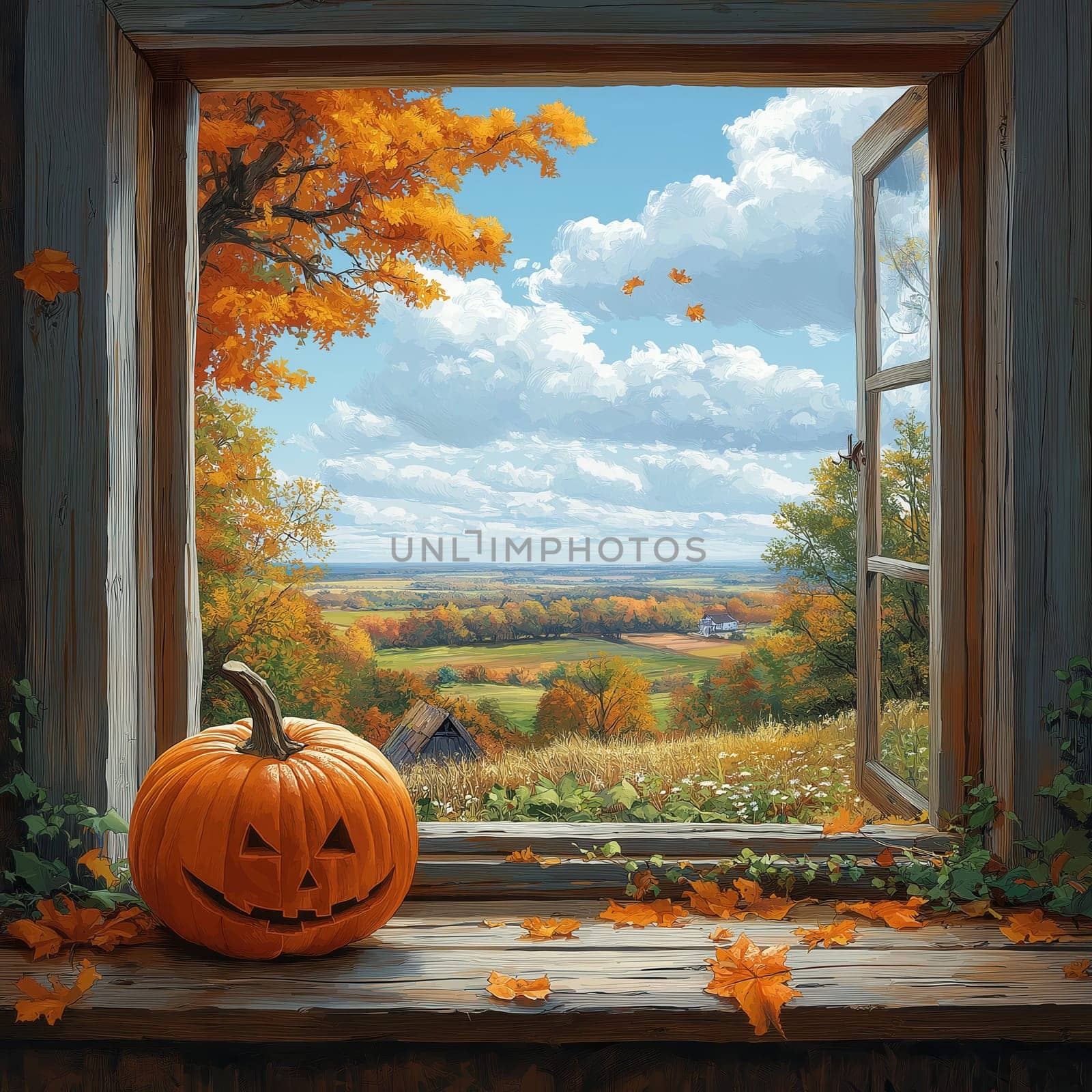 Halloween, illustration of a pumpkin lantern standing on a windowsill. Selective focus.