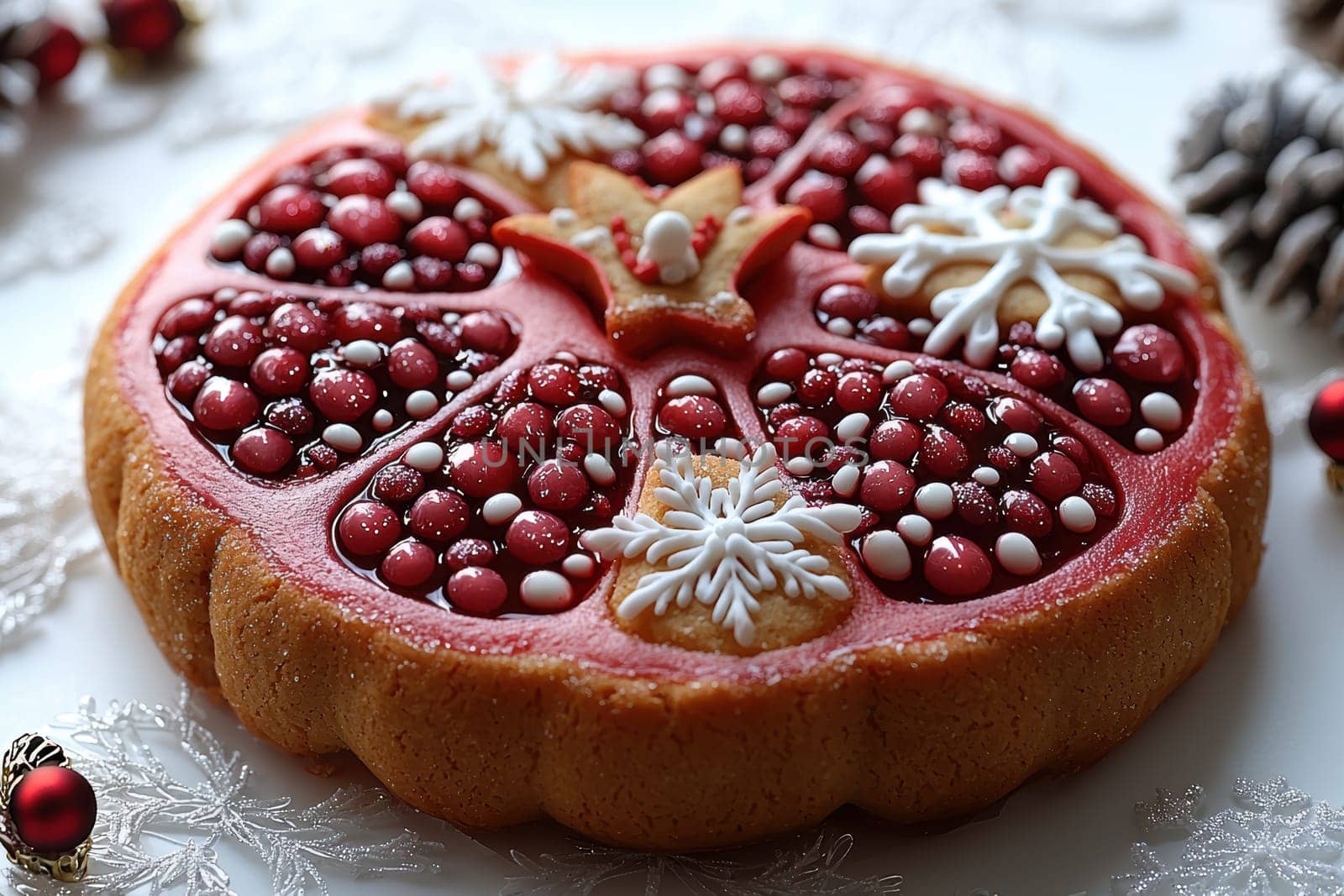 A beautifully decorated holiday cake with vibrant pomegranate and intricate snowflakes, ideal for celebrations
