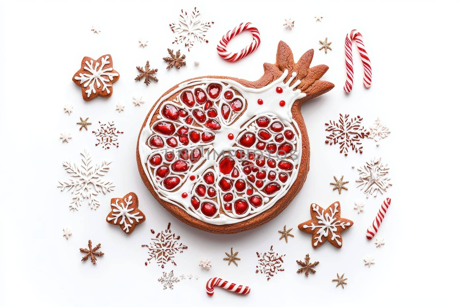 A beautifully crafted gingerbread cookie shaped like a pomegranate, adorned with festive decorations.
