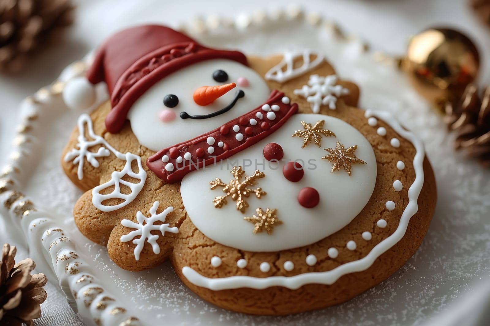 A delightful gingerbread cookie shaped like a cheerful snowman, beautifully decorated for festive celebrations