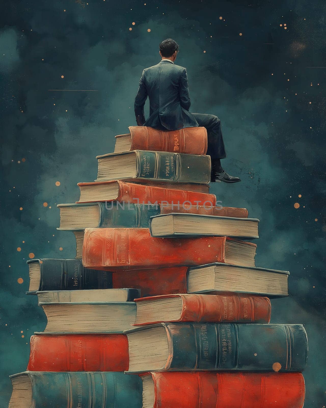 A man sits on top of a tower of books symbolizing knowledge and education. Selective focus.