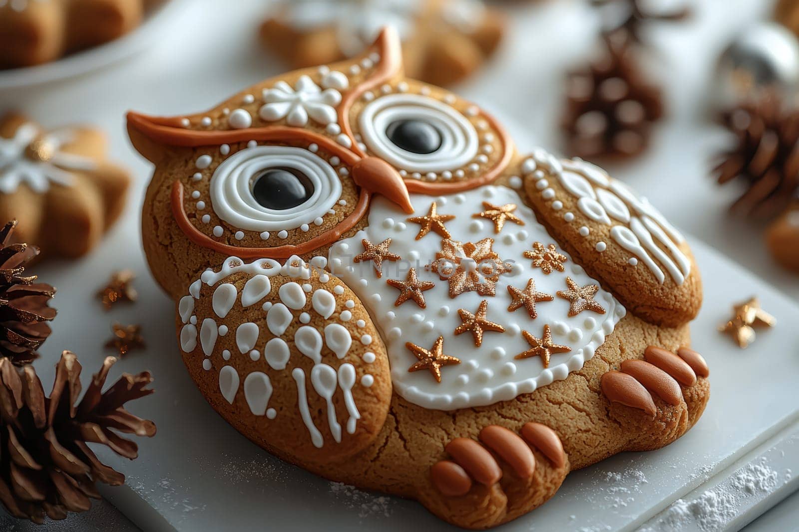 This festive owlshaped gingerbread cookie is beautifully adorned with colorful icing for the holidays