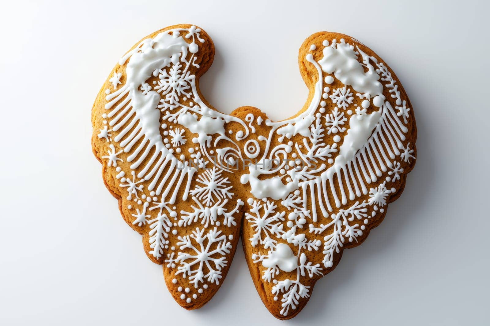 Artistic gingerbread cookie shaped like angel wings, with intricate icing patterns and colorful decorations