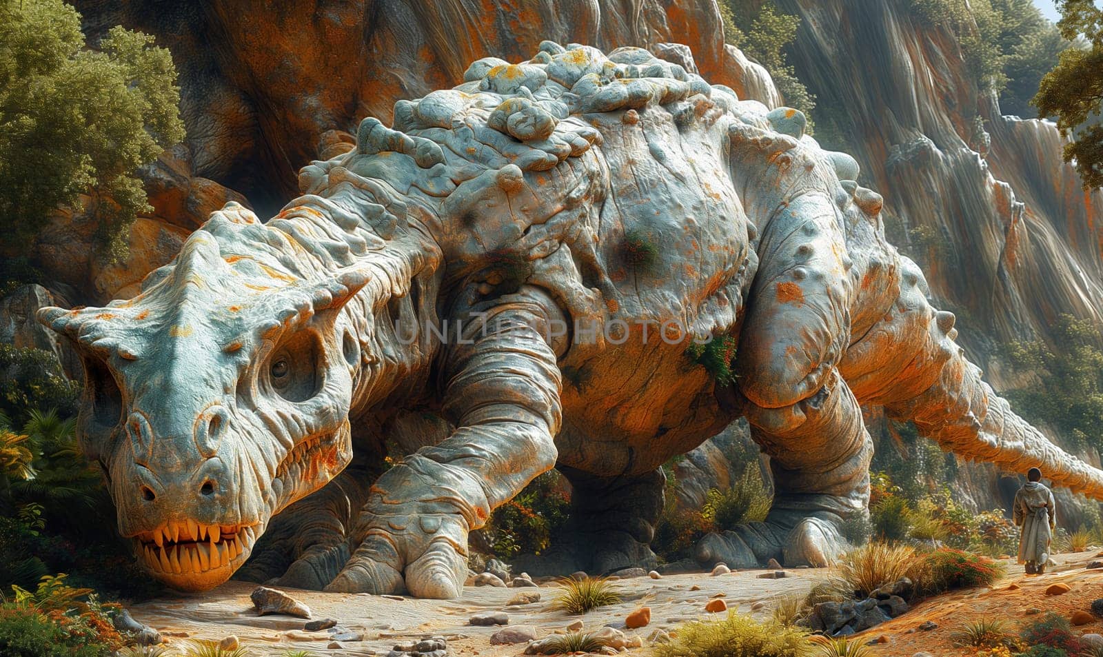 A dinosaur depicted in a forest setting in a painting. Selective focus