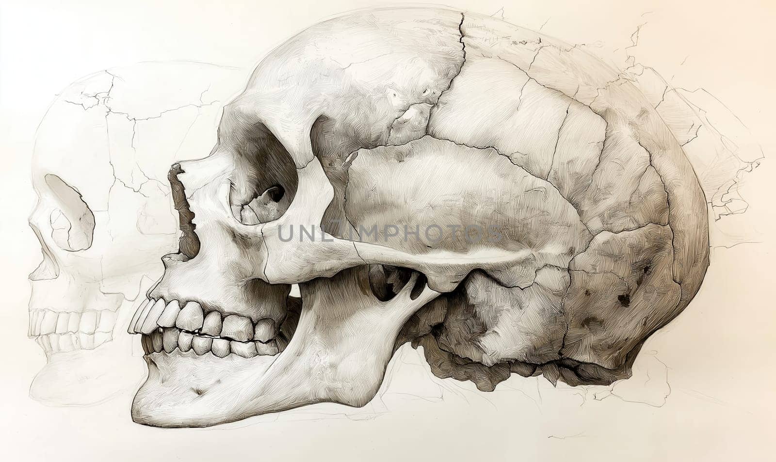 Monochrome drawing of human skull. Selective focus.
