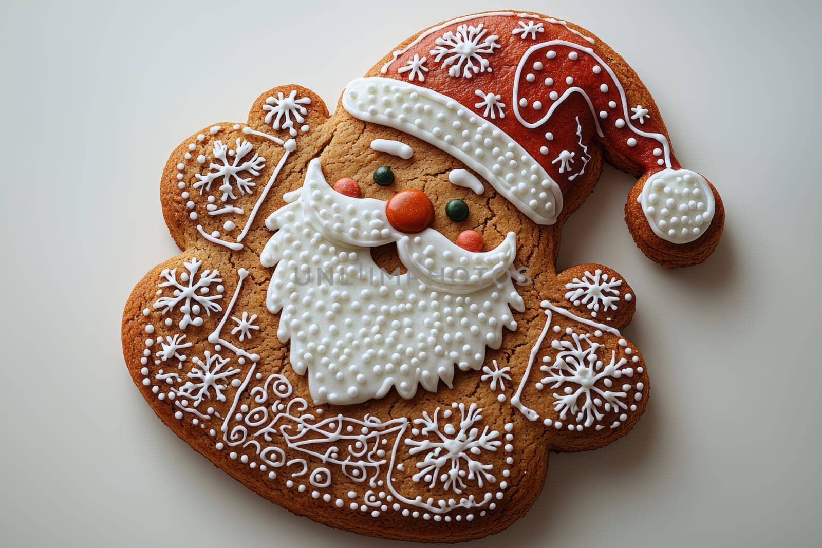 A beautifully decorated gingerbread cookie shaped like Santa Claus, perfect for delightful Christmas treats