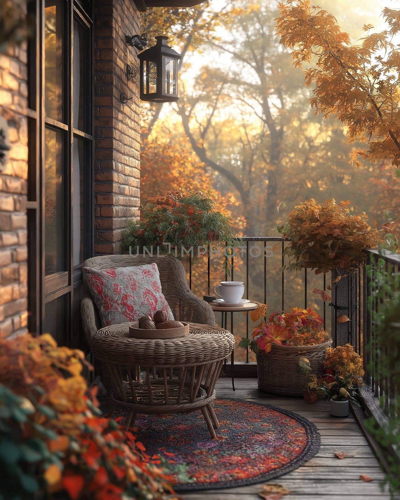 Autumn morning on the balcony with a cup of coffee in autumn. Selective focus.