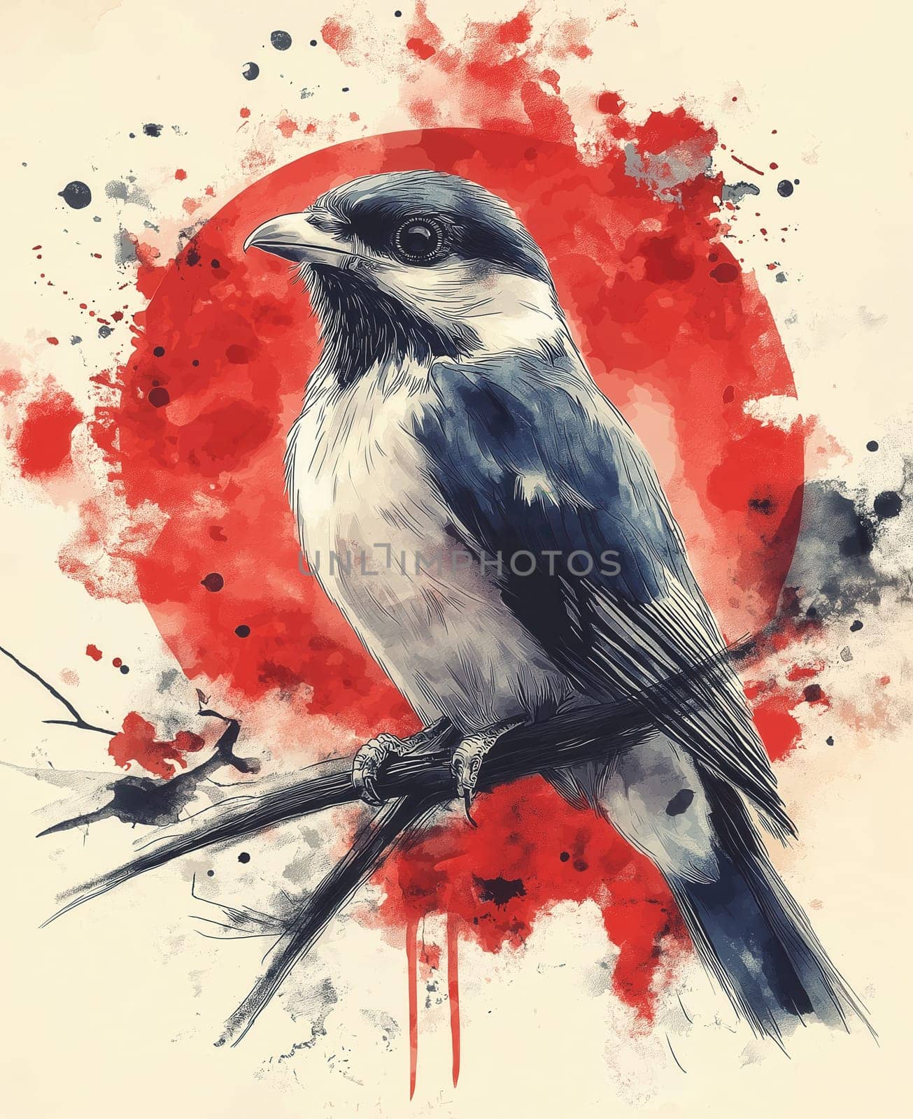 Creative painting of a bird against a red sun. Selective focus.