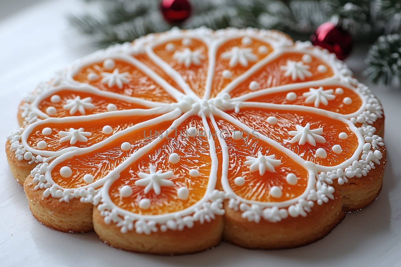 A beautifully decorated orange cake that is artistically adorned with intricate icing and delightful festive touches